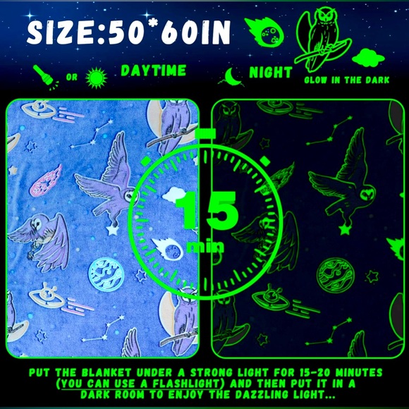 NWT Glow In The Dark Fleece Throw Owl Blanket, Soft, Warm & Fuzzy - Picture 4 of 4